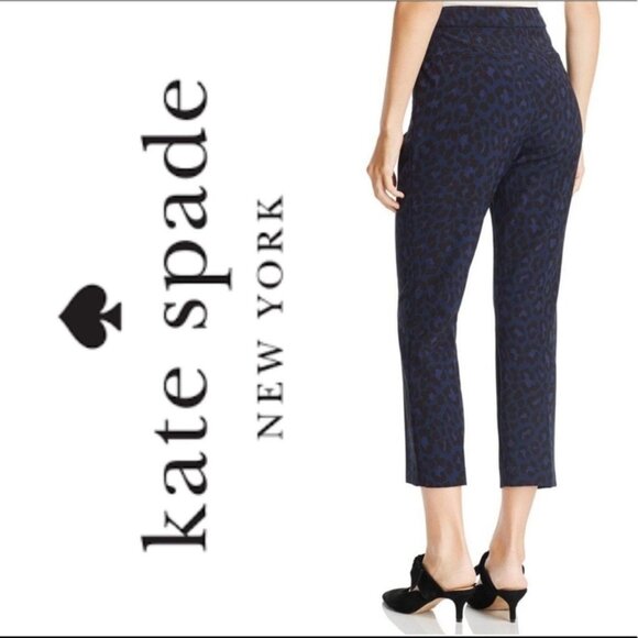 Kate Spade Leopard Print Ankle Cropped Pant Navy Black Size 6 - Picture 1 of 5